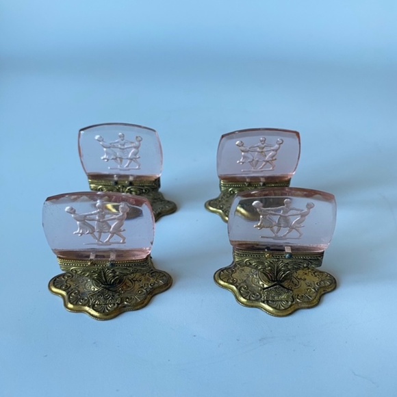 Antique Czech Glass Place Cards Holders: Set of 4, Pink Intaglio Glass - Picture 3 of 11